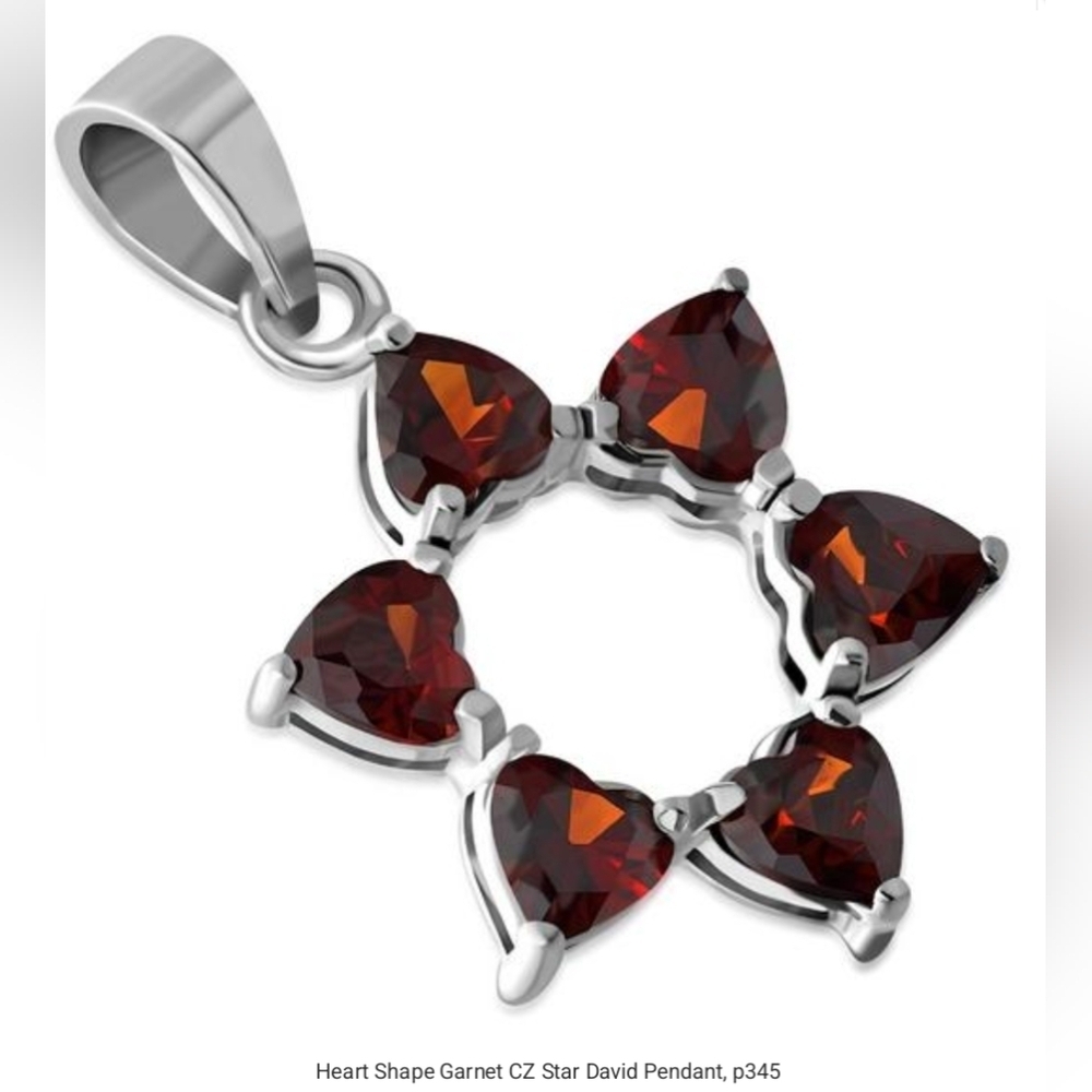 Pendant: Heart Shape Garnet CZ Star of David Silver Pendant